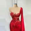 Red Shiny Short Prom Dresses One Shoulder With Cape Sleeveless Sweetheart Appliques Lace Sequins Bead Evening Dresses Floor Length Party Gowns Plus Size Custom Made