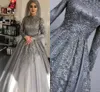 Abiti da sposa musulmani arabi Aso Ebi grigio argento in rilievo di pizzo lussuoso corsetto con lacci abiti da sposa maniche lunghe abiti da sposa