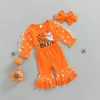 Kl￤der s￤tter 2022-06-23 LioRaitiin Baby Girls Halloween Long Sleeve Letters Ghost Print Romper With Patchwork Flare Pants Bowknot pannband