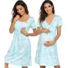 صالة نوم الأمومة ملابس الرضاعة الطبيعية نومها على الأكمام قصيرة الحامل فستان تمريض الأمومة روبا لاكسيا موجر 20220912 E3