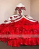 赤い刺繍Quinceanera Dresses Puffy Fulfles Off Swelld Sweet 16 Dress Birthday Party Gowns Vestidos de 15 Anos