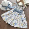Flicka klänningar sommar baby klänning 2-stycken bomull är ärmlös båge blommor sol hatt 0-5 år gammal andas fritid kjol