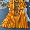 Vintage Chic Damen Freizeitkleider Blumenstickerei Strand Böhmisches Minikleid Damen Kurzarm V-Ausschnitt Baumwolle und Leinen Boho Kleider Vestido 2023