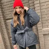 Women's Down Parkas Fandy Lokar Loose Casual Hooded Parkas Women Fashion Thick Coats Women Elegant Tie Belt Arygle Cotton Jackets Female Ladies 220909