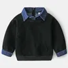 후드 스웨트 셔츠 스프링 가을 디자인 2 3 4 5 6 7 8 9 10 12 년 어린이는 아이들을위한 칼라 데님 패치 워크 스웨트 셔츠 아기 소년 220829