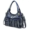 Kv￤llsp￥sar lyx denim jean v￤ska kvinnor handv￤ska kvinnliga flera fickor axel crossbody diamante girsl damer tote party bolsas