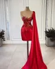 Red Shiny Short Prom Dresses One Shoulder With Cape Sleeveless Sweetheart Appliques Lace Sequins Bead Evening Dresses Floor Length Party Gowns Plus Size Custom Made