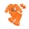 Kl￤der s￤tter 2022-06-23 LioRaitiin Baby Girls Halloween Long Sleeve Letters Ghost Print Romper With Patchwork Flare Pants Bowknot pannband