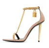 Luxury Padlock Pointy Naked Sandals Shoes Women Lock & Key Metal Stiletto Heels Gold Chain Link Sexy Lady Party Wedding Dress EU35-43 Original Box