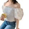 Women's Blouses Women Daisy Embroidery Blouse Mesh Puff Sleeve Off-the-shoulder Crop Top Elegant Clothes
