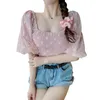 Women's Blouses Women Daisy Embroidery Blouse Mesh Puff Sleeve Off-the-shoulder Crop Top Elegant Clothes