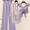 Women's Two Piece Pants Women Summer Purple 3 Pieces Set Fashion Short Vestlong Sleeve Backless Chiffon Sunscreen Blousewide Leg Long Pants Sets 220912