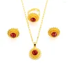 Necklace Earrings Set Red Crystal Women Africa Ethiopian Jewelry Gold Color Rhinestone Ring Pendant Chain Wedding Bridal Sets Gifts