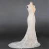 Ivoor slanke zeemeermin trouwjurk open rug V-hals elegante kant kleine trailing bruid MY072307