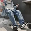 Herrjeans Vintage Kvinnor Herr Koreanska jeansbyxor Y2K Cltohes Streetwear Tryckta Patchwork Man Baggy Raka byxor för män