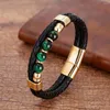 Pulseras con dijes, pulsera de cuero genuino para hombres, cadena de cuerda oculta multicapa negra, brazaletes de piedra redonda, joyería para hombres, regalo para Amiga