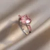 Anillo clásico de Color plateado con forma de corazón de melocotón y geometría de cristal rosa para mujer, conjunto de lujo para chica de boda con joyería de moda coreana