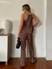 Pantalones de dos piezas para mujer Clacive Sexy Brown Tank Top Set Mujer 2 piezas Chic Summer Casual Pantalones de cintura alta Set Mujer Elegnat Slim Trajes de pantalón plisado 220912