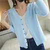 Spring Autumn V-Neck Knitted Cardigan Women's Loose Large Size Thin Sweater All-Match Jacket Pure Color Basic Small Cardigan 220909