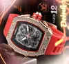 Popular Mens Full Diamonds Ring Watch Stopwatch 43mm Classic Geneous Borth Belt Trend Trend Outdoor Iced Out Hip Hop Quartz Bateria Montre de Luxe Wristwatches Gifts