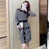 فستان طويل الأكمام للسيدات Houndstooth Grid عالية الخصر بالركبة بطول الركبة BODYCON الخريف Vestidos smlxlxxl