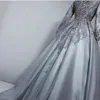 아랍어 ASO EBI 무슬림 웨딩 드레스 은색 레이스 구슬로 된 고급스러운 레이스 업 코르드 신부 드레스 긴 소매 웨딩 드레스