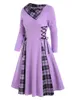 Casual Dresses Women's Lace Up Plaid Turn Down Collar Vintage Gothic Long Sleeves Fashion Knee-Length Party Dress