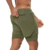 Shorts masculinos homens de cor sólida camada dupla 2 em 1 bolsos embutidos esportes ginásios exercícios de corrida de fitness