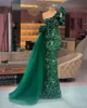 Árabe Verde oscuro Vestidos de baile Lentejuelas Sirena Vestido de noche 2022 Brillo Un hombro Volantes Peplum Hasta el suelo Brillante Especial 256W