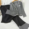 Calças de duas peças femininas Mulheres tricotadas Houndstooth Cardigan Sweater Long Sweater Tops Pontas de perna larga Conjuntos de calças elegantes de malha em v altões 2 220912