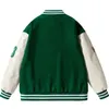 Mensjackor Hip Hop Varsity Jacket Men Harajuku Puzzle Letter Brodery Baseball Jackets Green Pu Leather Overdized College Coat Streetwear 220912