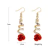 5Pair Fashion Rose Flower Drop Dangle örhängen för kvinnor Shiny Rhinestone Long Tassel Asymmetry Earring Girls Wedding Party Jewelry