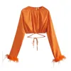 T-shirt da donna Camicette arancioni Maniche lunghe con piume Y2k Abbigliamento T-shirt da donna chic Cravatte in vita Top Top da donna T-shirt a maniche sexy Party 220912