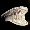 Berets Women Militaire hoed Bruid Parnas Burning Cap Luxe zilveren handgemaakte kapitein Sergeant Rhinestone Festival Party Head Wear