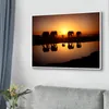 Leinwand Gemälde Fünf afrikanischer Elefant Sonnenuntergang Ölgemälde auf Leinwand Skandinavische Poster und Drucke Cuadros Wandkunst Bilder für Wohnzimmer