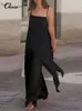 نساء سراويل سراويل للسيدات 2pcs يضع Celmia Streetwear Satin Pant مجموعة الصيف بلا أكمام حبال غير متماثلة وسروال الساق واسعة الساق بدلات 220912