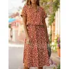 Casual Dresses 2022 Summer Ladies Dress Leopard Print Shirt Bohemian Mid Length High midja Kort ärm Polka Dot Beachwear Semester