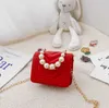 Meisjes Pearl -ketting Fashion Handtas Kids metalen gespen Tassen kinderen Begrijp lederen een schoudertas Lady Mini Purese