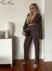 Women's Two Piece Pants Summer Sexy Pleated Deep V-neck Women Set Vintage Cropped Lace Up Top High Waist Pants Suit Female Lady Casual Outfits 220913