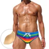 Men's Swimwear Fashion Rainbow Stripes Swimwear Man Swimming Short Sexy Pouch Pad Swimsuit Men Swim Wear Beach Surfing Swimsuit Sports Short J220913