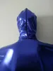 Blauw Glanzend Metallic Unisex Mummie Catsuit Kostuums Body Slaapzak Sexy Halloween Cosplay pak met binnenarm mouw kan verwijderbare masker open ogen
