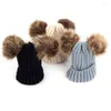 Berets kinderen unisex schattige warme dubbele bont pom hoed baby vaste kleur pet winter haakhaak gebreide bobble beanie