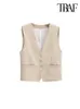 Women's Down Parkas Traf Women Fashion Front Buttons Croped Waistcoat Vintage V Neck Sleeveless Female Outerwear Chic Tops 220913