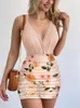 Vestidos informales 2022 Summer elegante Floral Slim Mini Sets Fashion Fashion Sexy Deep V-Chek Spaghetti Strap Bodysuit Falda Mujer Set Destino