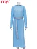 Robes décontractées TTQV lâche bleu Midi dames mode à manches longues bureau printemps Vintage froncé élégant pour les femmes 220913