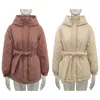 Women's Down Parkas CPカジュアルルーズフード付きファッションソリッドシックショートコートエレガントなネクタイベルトコットンジャケット女性女性220913