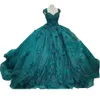 2022 Sexy Vintage Teal Abiti Quinceanera Pizzo con paillettes Hunter Green Cap Maniche Perline di cristallo Fiori fatti a mano Corsetto Indietro Sweet 16 Party Prom Dress Abiti da sera