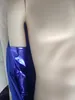 青い光沢のあるメタリックユニセックスミイラキャットスーツコスチュームボディーバッグ内側のアームスリーブ付きセクシーなハロウィーンコスプレスーツは取り外し可能なマスクを開きます