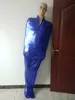 Blauw Glanzend Metallic Unisex Mummie Catsuit Kostuums Body Slaapzak Sexy Halloween Cosplay pak met binnenarm mouw kan verwijderbare masker open ogen