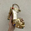 sandal Women Thick High Heels Shoes Platform Sandals for Rhinestone Gold Leather Woman Peep Toe Wedding 220901